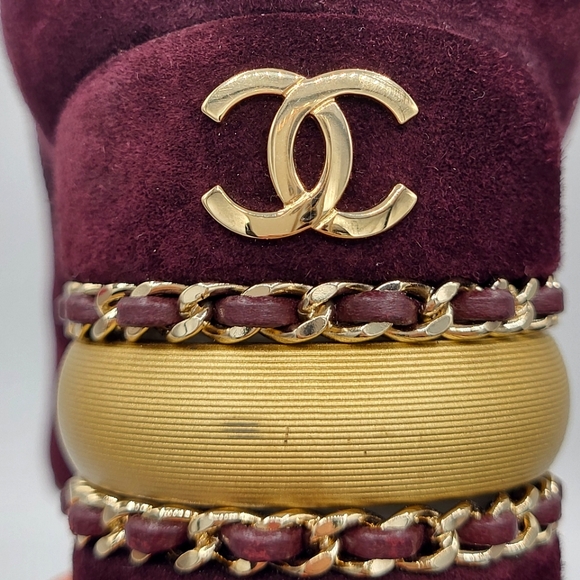 CHANEL CC Logo Cap Toe Suede Boots Double Stack Chain Burgundy 36.5 G36655 - Picture 9 of 16
